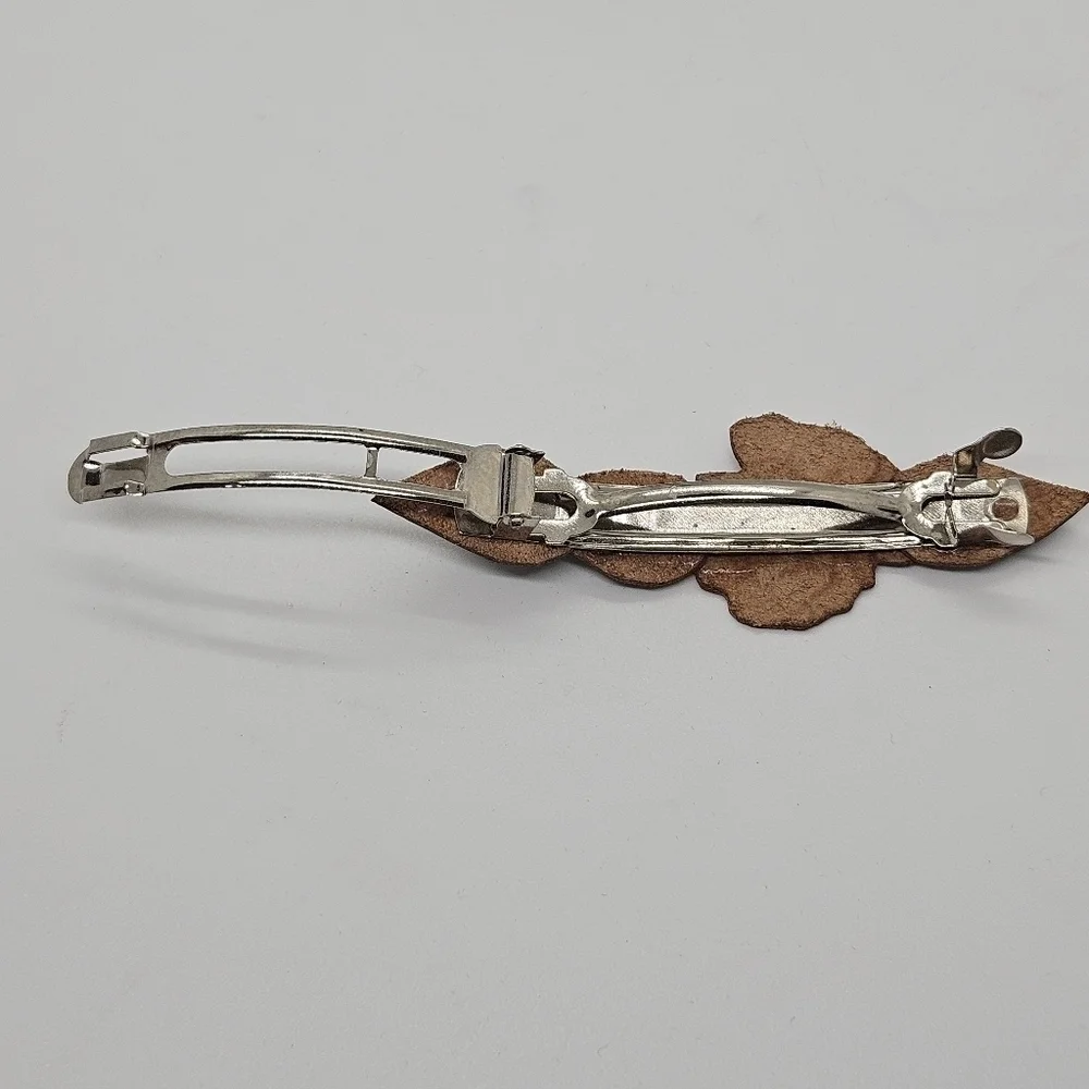 faux leather flower and leaves barrette hair clip faux pearls